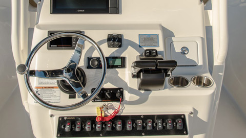 Chrome steering wheel aboard the Century Boats 2600 CENTER CONSOLE
